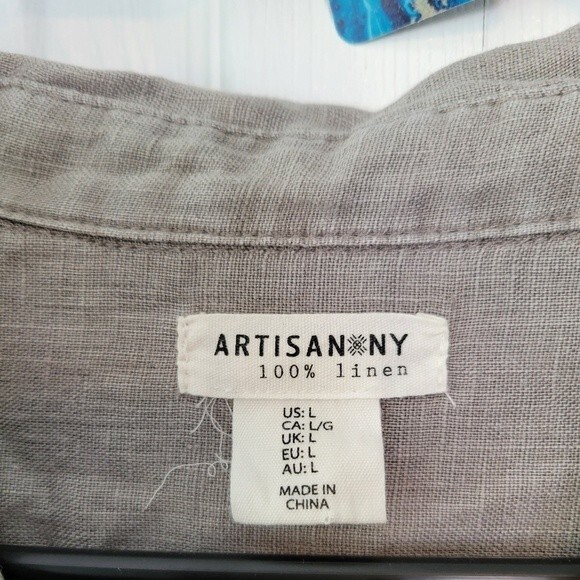 Artisan NY 100% Linen Gray Peplum Ruffle Hem Button Up Top Size Large lagenlook - Picture 4 of 6